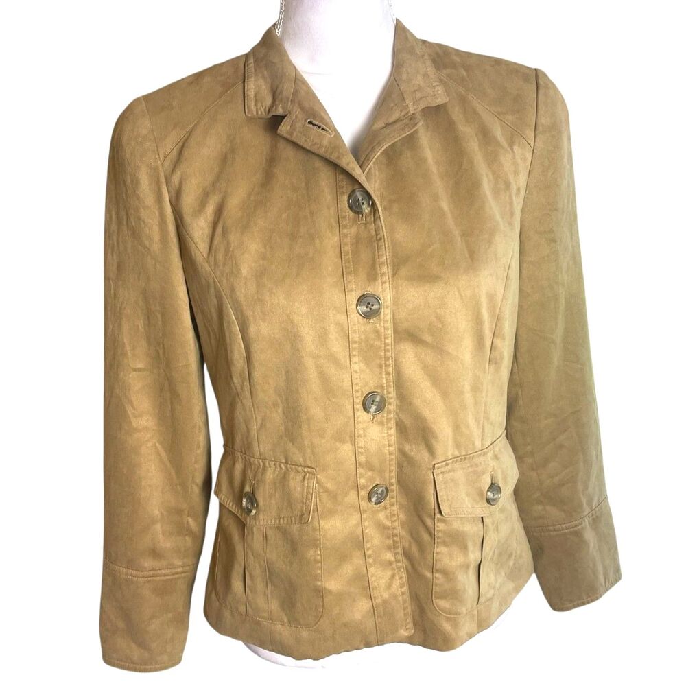 Coldwater Creek Faux Suede Utility Jacket Beige Safari Style Button Front P8